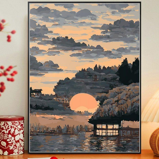 數字油畫 晚霞風景 40*50cm DIY 手工繪製裝飾畫, 晚霞--清蒼忦,40*50繃好內框+顔料畵筆W