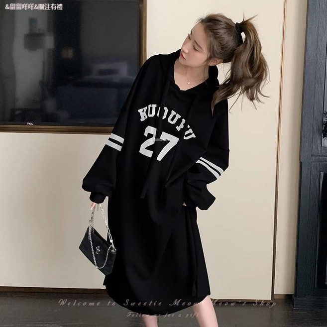 大尺碼大學T洋裝 日系字母連帽寬鬆長裙, 黑色,2XL 70.0公斤-80.0公斤