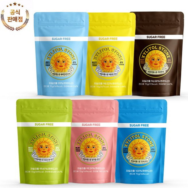 [무료배송]자일리톨스톤 100% 자일리톨 사탕 캔디 혼합 지퍼백 6종 세트, 70g
