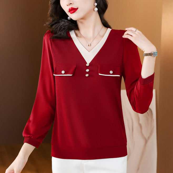 브이넥 긴팔 티셔츠 여 추동 중년 엄마옷 상의 루즈핏 니트 이너 코디