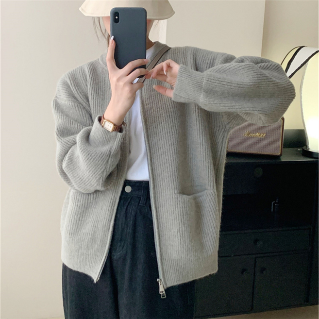 스웨터 가디건 니트 코트 여자 가을 겨울 라운드넥 슬림핏 순색 양면 지퍼 숏 고급 봄 가을 디자인 빈티지 투웨이 코트 루즈핏 캐주얼 데일리