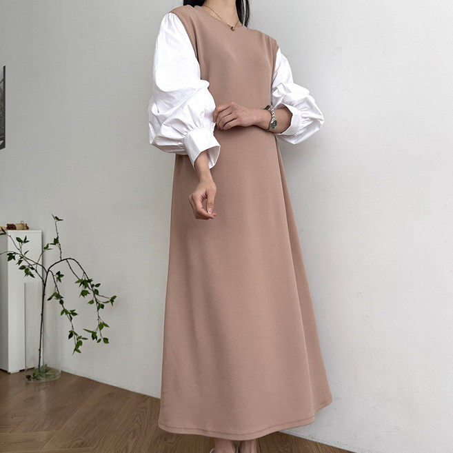 드몽 여성 빅사이즈 배색 롱 원피스 임산부 하객룩 모임룩 데일리 임부복
