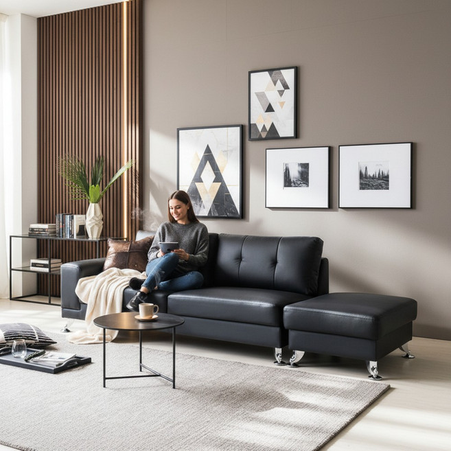 자네트 까벨로 3인용 가죽쇼파 스툴포함, 블랙