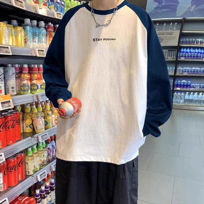 Makone 남성 빈티지 라글란소매 레터링 프린트 캐주얼 데일리 간절기 루즈핏 긴소매 티셔츠