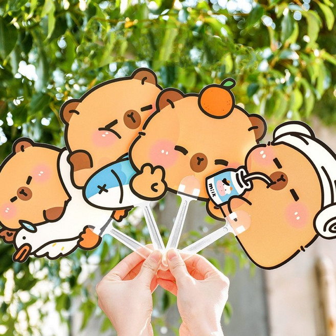 귀요미 캐릭터 일러스트 휴대용 손잡이 부채 4종, 1개, 햄찌랑비둘기