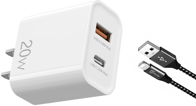 Ai Home 20W USB-A + USB-C 雙孔充電器, 1套, 20W充電頭 + AL黑灰線