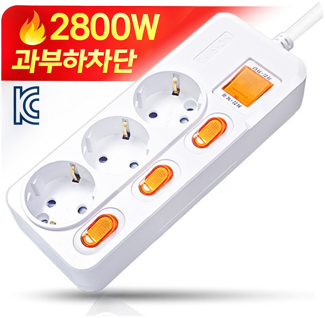 개별스위치 멀티탭 KC인증 접지 과부하차단 2800W 절전 콘센트 3구 멀티탭, 화이트(빨간스위치), 1개, 5m