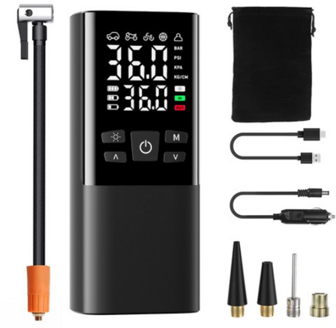 ACMEZING 타이어 공기압 주입기 휴대용 공기압 주입기 차량용 대용량 무선 다용도 에어 펌프 자전거 오토바이 구기 기압 주입기 7800mAh, 블랙, 1개