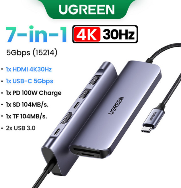 UGREEN USB C 허브 4K60Hz 7-in-1 유형 C-HDMI PD100W SDTF RJ45 USB3.0 MacBook 노트북 USB 분배기 도킹 스테이션용 5Gbps, [01] 7-in-1 4K30Hz SDTF, 1개