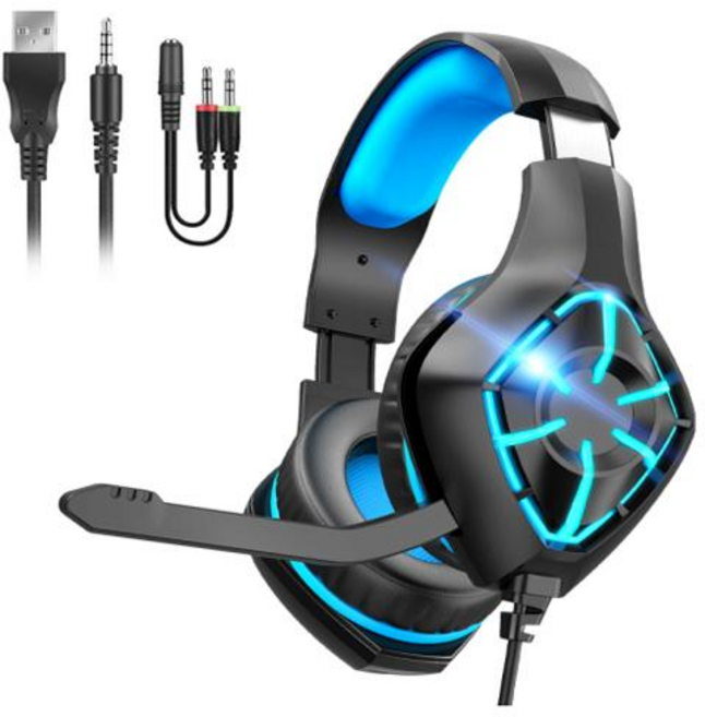 PYHO게이밍 헤드셋 추천7.1 RGB LED 진동 노이즈 캔슬링GS-1000게이밍 이어폰, 블랙+블루