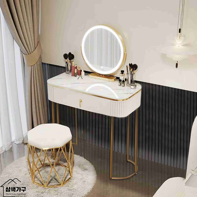 (무료 설치)화장대 세트 의자 포함 미니 화장대 led 화장대 연예인 화장대 화장대 세트 삼색가구화장대 LOVE-520, 80CM-A화장대+LED거울+화장의자, 흰색/White