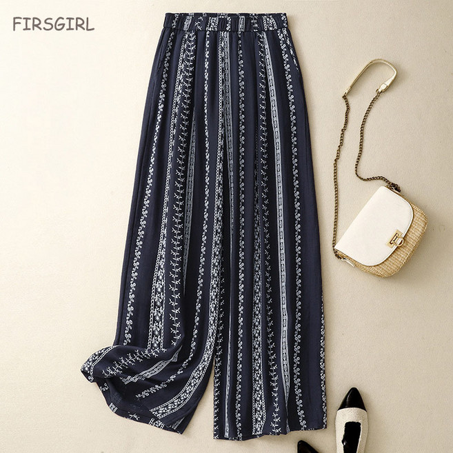 FIRSGIRL 여름 여성 에스닉 패턴 린넨 롱바지 밴딩 캐주얼 데일리룩 시원한 와이드 팬츠