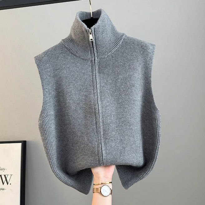 여성용 폴라 집업 니트 민소매 조끼 봄 가을 겨울 데일리 루즈핏 조끼 뉴타임즈Women's Vest