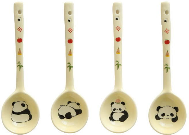 BLOWFISHFUGU 큐티 팬더 도자기수저세트 도자기요거트스푼 요거트스푼 긴 손잡이 스푼 4P, 도자기숟가락, 4개