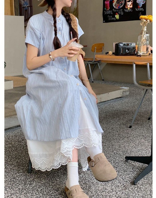 ANYOU 여름 필수 아이템 블루 스트라이프 셔츠 + 레이스 반치마 세트 여성 데일리룩 편한 코디 여름원피스 세트룩 휴양지원피스