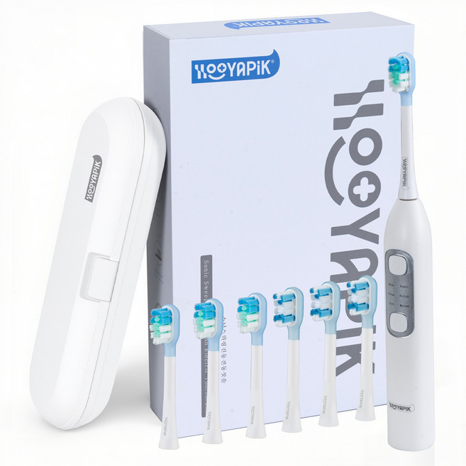 Hooyapik 음파 진동 전동칫솔 스마트 음파 전동칫솔 전동칫솔 리필브러쉬 6 개+여행가방, 1개, 화이트, E0020