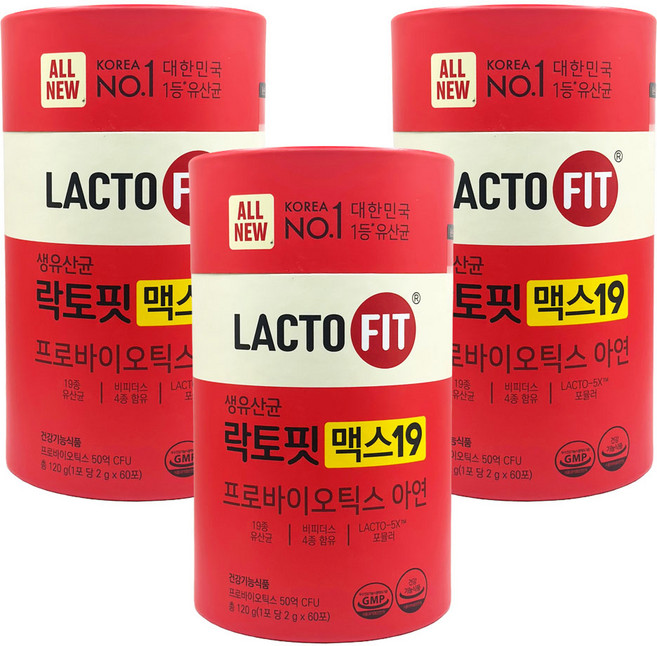 종근당건강 락토핏 맥스19 생유산균 프로바이오틱스 아연, 120g, 3개