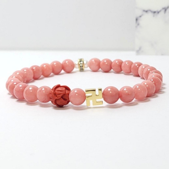 분홍 옥 팔찌 옥염주 만자 불교 삼재 부적 경면주사 부귀 재물 연꽃 행운 팔찌 원석 천연석 절팔찌 제작 동경스톤