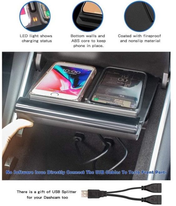 Tesla Model 3 용 10W 무선 충전기 2017 2018 2019 2020 액세서리 듀얼 폰 충전 패드 자동차 센터 콘솔 인, 1개