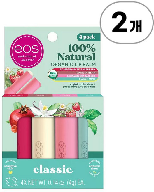 이오스 내추럴 앤 오가닉 립밤 버라이어티 팩 스트로베리 소르베 석류 라즈베리 스위트 민트 바닐라 빈 eos Natural & Organic Lip Balm Variety Pack, 2개