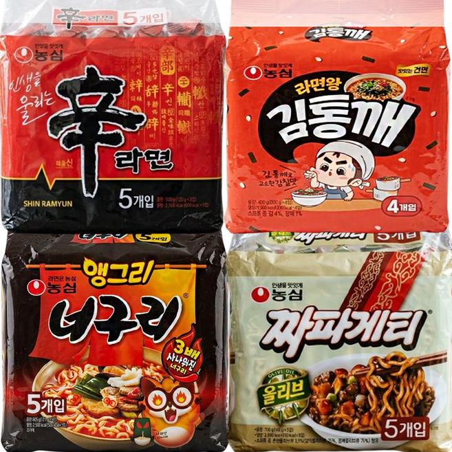 농심 신라면 120g 5개 + 김통깨 100g 4개 + 짜파게티 140g 5개 + 앵그리너구리 121g 5개, 신통짜앵너