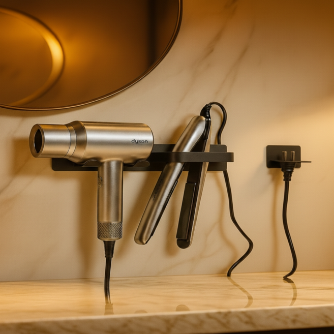 트레븐 무타공 올인원 드라이기 고데기 거치대 콘센트 홀더, 블랙, 1개