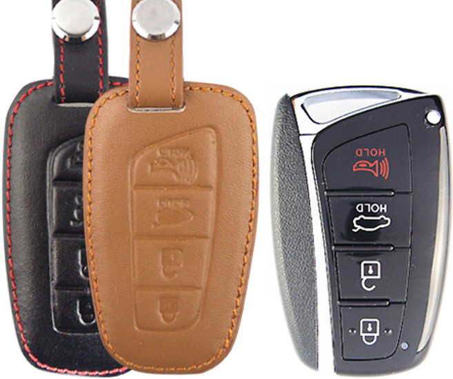 더조은셀러 그랜져 에쿠스 싼타페 제네시스 호환 키홀더 키케이스 스마트키 가죽 4버튼 Key-01, 블랙