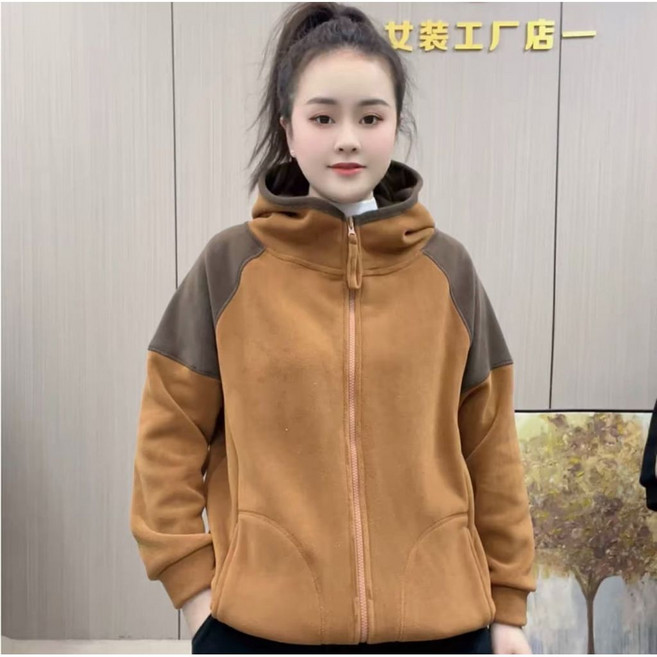 秋冬新款時尚休閒百搭雙面澳粒絨保暖撞色連帽長袖外套女