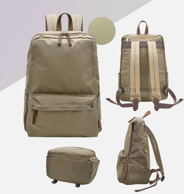 日系防潑水尼龍帆布後背包 15吋筆電收納 多口袋設計 男女通勤休閒雙肩包, 日系-深卡其, 1個