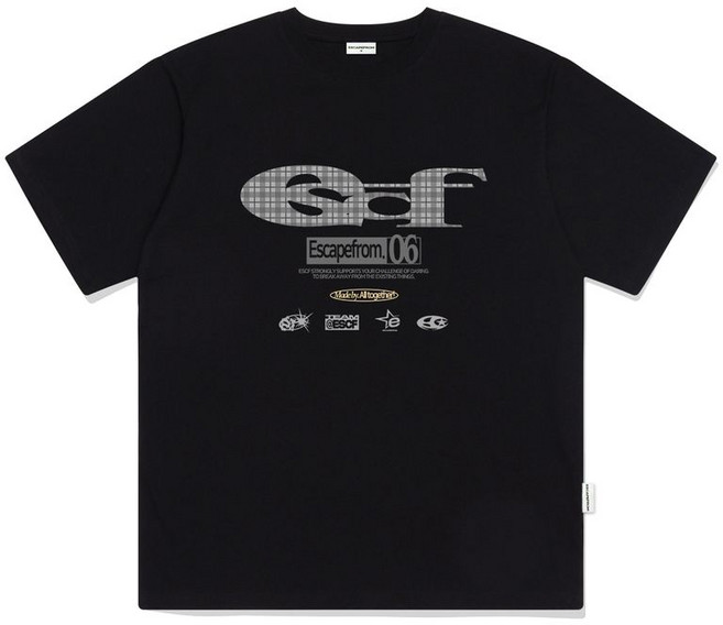 매장정품 이스케이프프롬 ESCAPEFROM 그레이 체크 ESCF 로고 콜라주 프린트 오버핏 반팔티 블랙 E251OTS 147922