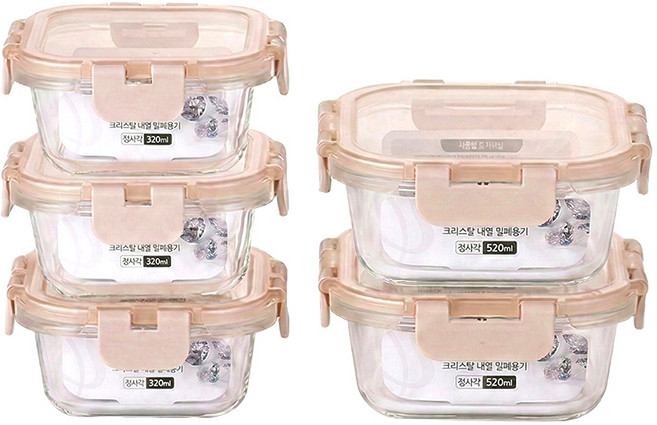 오븐글라스 내열 강화유리 밀폐용기 세트 (전자렌지사용가능), 1개, (5종) 320ml x 3개 + 520ml x 2개