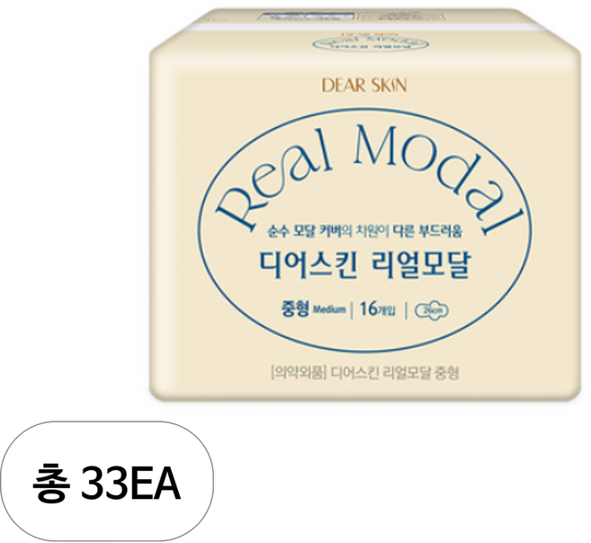 디어스킨 리얼모달 생리대 날개형, 중형, 16개입, 33개