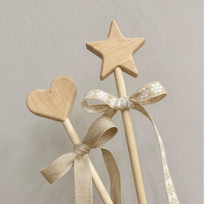 [베이비굿] 우드 별 하트 스틱 아기500일 셀프백일상 공주토퍼 아기생일파티 별봉 하트봉, 34 우드하트스틱_도트리본, 1개