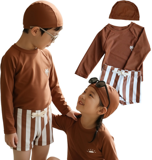 스토리원 U-KIDSWR004 아동 어린이 긴팔 래쉬가드 수영복 남아 여아 반바지 수영모 세트