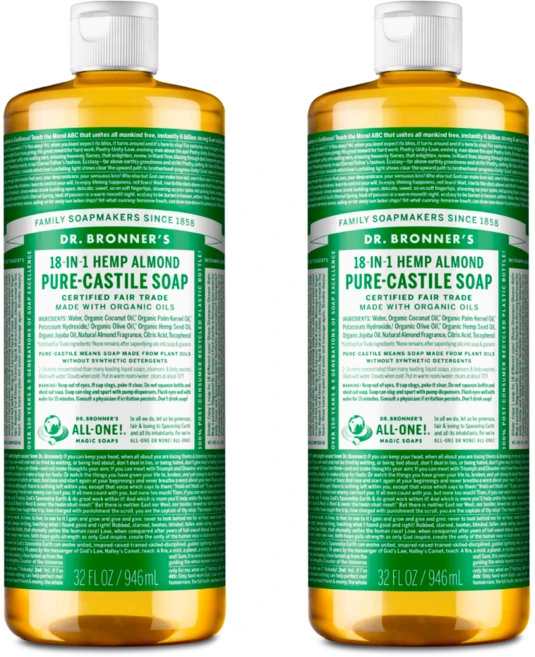 닥터브로너스 퓨어 캐스틸솝 물 비누 945ml x 2 아몬드 18in1 다용도 설거지 얼굴 빨래 애완 - 쿠팡