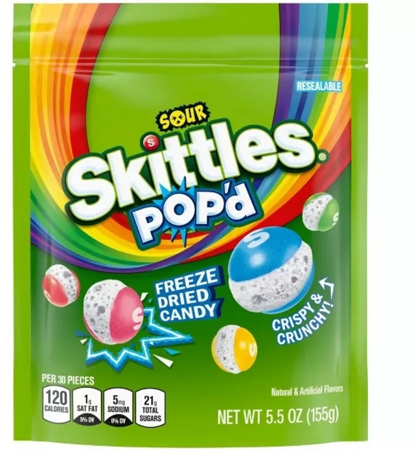 SKITTLES 스키틀즈 팝 사워 동결 건조 캔디 Resealable Candy Bag, 1개, 155g - 쿠팡