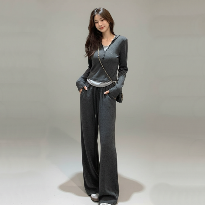 여성 레이어드 후드 바지 트레이닝세트