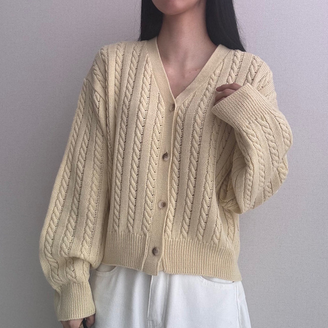 파츠 여성용 브이넥 꽈배기 니트 가디건 루즈핏 스웨터