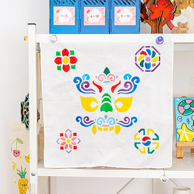 민화샵 전통 문양 손수건 꾸미기 세트 - 스텐실 도안 전통 만들기 색칠 공판화 학습 수건 교재, 1개, 귀면와