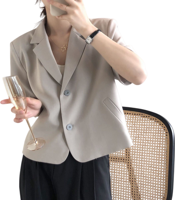 Makone 여성 여름 데일리 반팔 투버튼 자켓