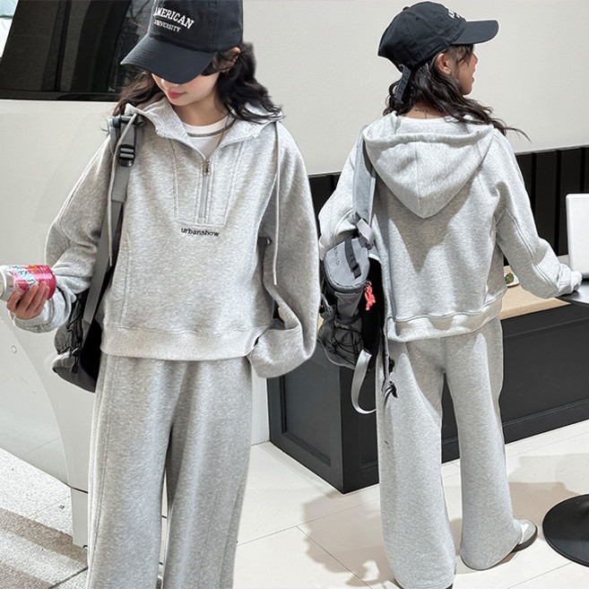 비비키드 여아 봄 가을 영문 레터링 반집업 후드티 초등생 긴팔 상의 초중생 하의 긴바지 주니어 세트 초등생 상의+하의 (775078)