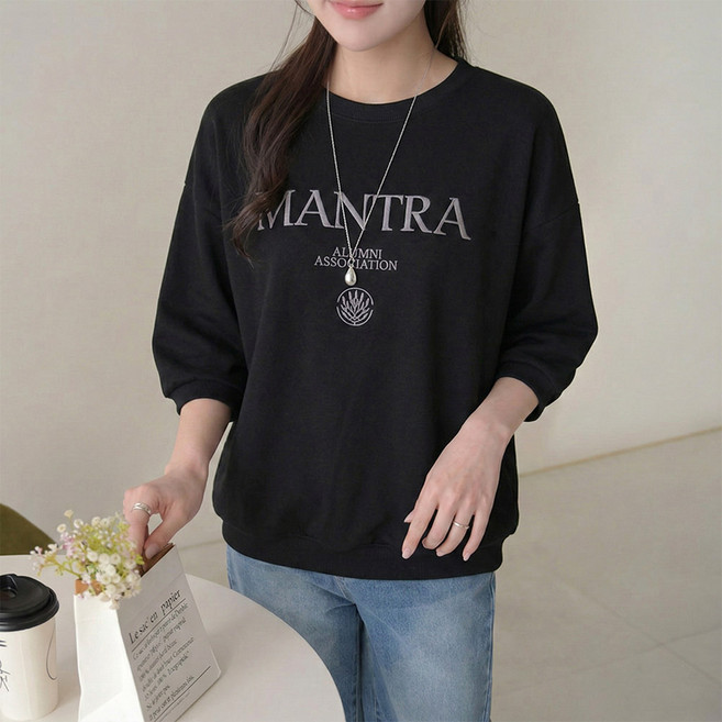 데일리앤 몬트 여성 베이직 자수 루즈핏 레터링 면 7부 반팔 맨투맨 티셔츠 스웻셔츠