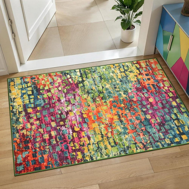 Tangsoo 4x6 Washable Area Rug Modern Non Slip Indoor Rugs for Living Room Abstract Contemporary, Mosaic Colorful