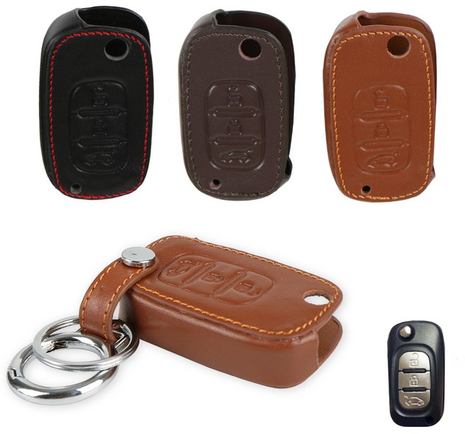 이너스 르노 삼성 3버튼 SM3 SM5 SM7 폴딩 키 천연 소가죽 케이스, 카멜