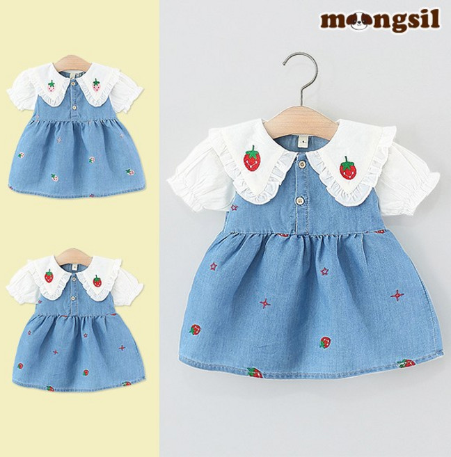 몽실이 딸기자수 데님원피스 딸기 핑크 레드 포인트 여아 프릴 여름 원피스