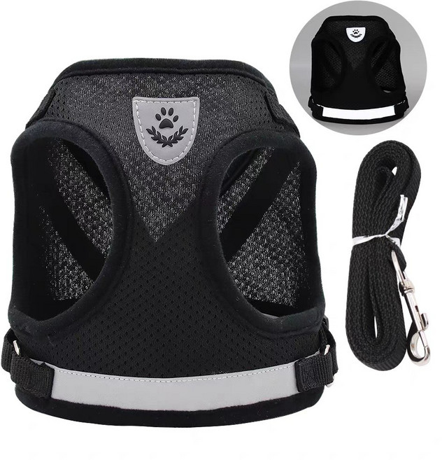 강아지 야간 빛 반사 하네스 + 리드줄 세트, 1개, 블랙