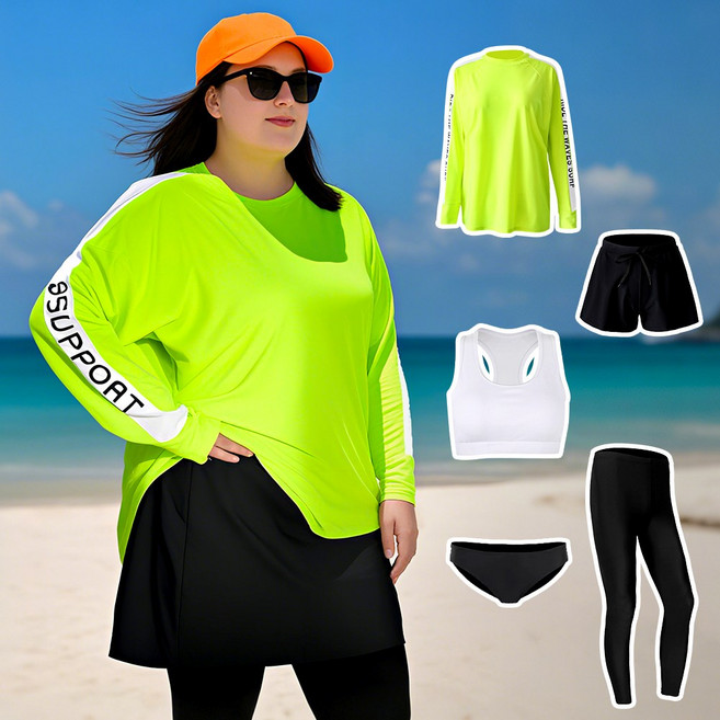 5pcs세트 여성 빅사이즈 래쉬가드 여자 임산부 오버 루즈 핏 체형커버 래쉬가드, 여성래쉬가드_라임