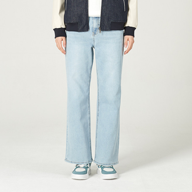 [잠뱅이] 여성 오비안밴드 배색 포켓캣워싱 와이드 데님 팬츠 라이트블루