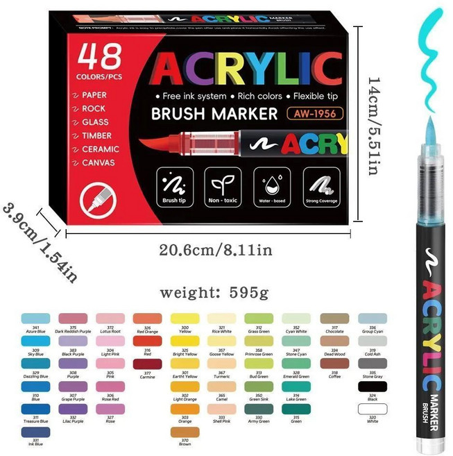 ACRYLIC 丙烯毛筆馬克筆 學生美術專用 無毒水洗, 1個, 【升級品質】48色套裝/精準控墨/免按壓