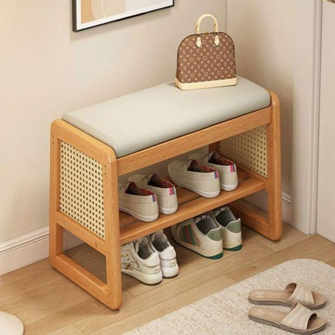 그랑블루 2단 라탄 신발장 의자 현관 벤치 슈스툴, 50cm 원목색 밀크화이트